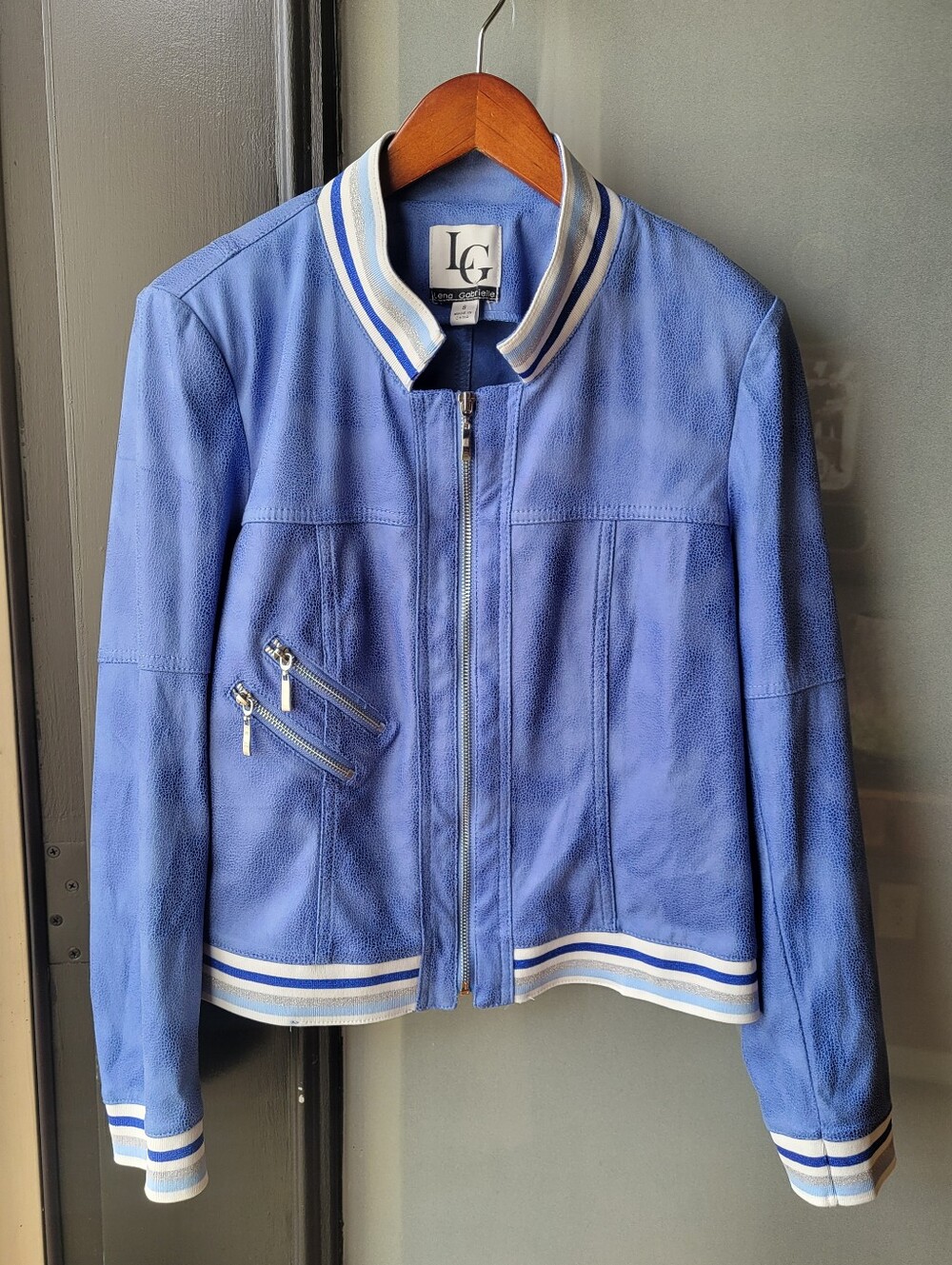 Lena Gabrielle Women's Faux Suede Jacket sz 8 Ocean BLUE Full Zip Stripe Trim - Picture 2 of 12